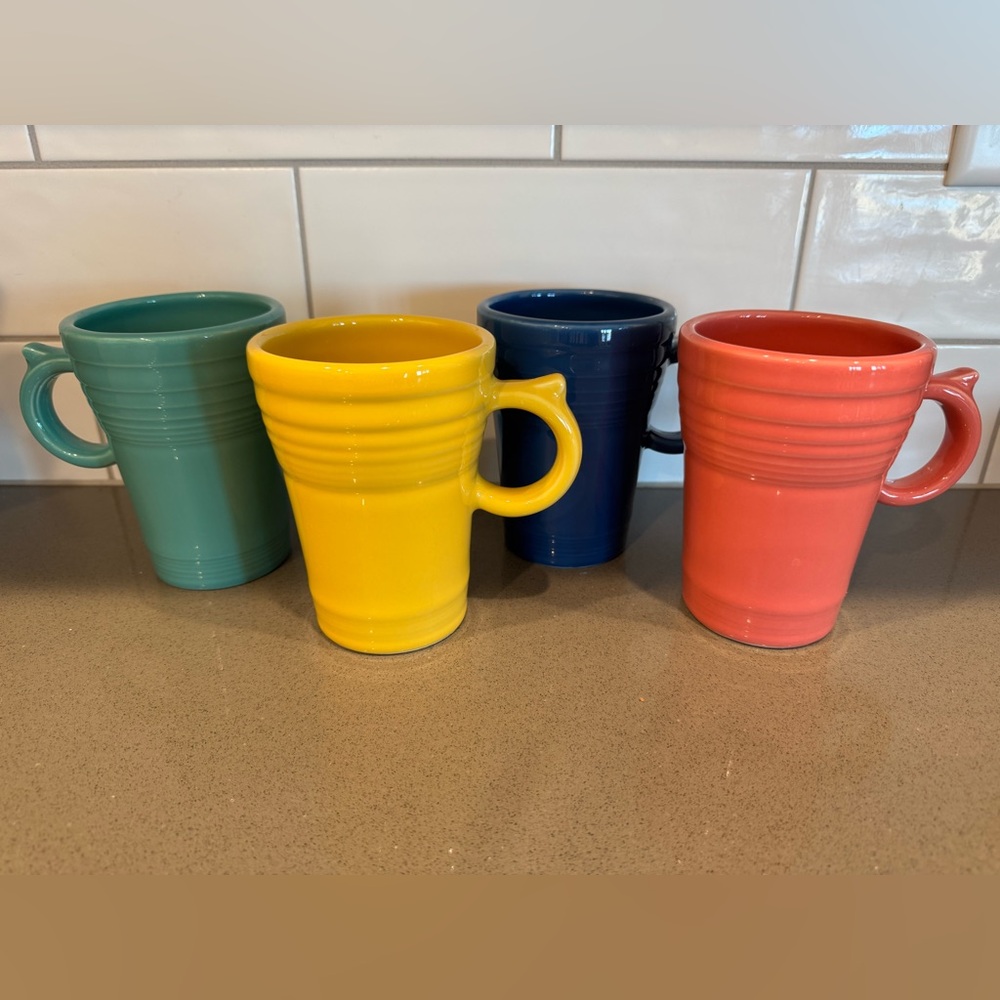 Vintage fiesta ware latte mugs in turquoise, sunflower, flamingo and lapis